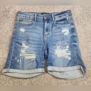 Judy Blue Medium Denim Stretch Distressed Bermuda Shorts